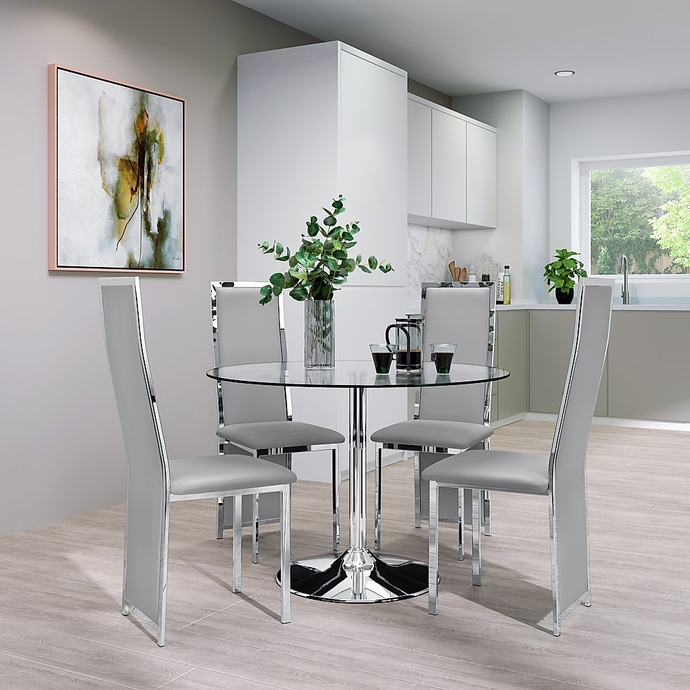Orbit Round Dining Table & 4 Celeste Chairs, Glass & Chrome, Light Grey Classic Faux Leather, 110cm
