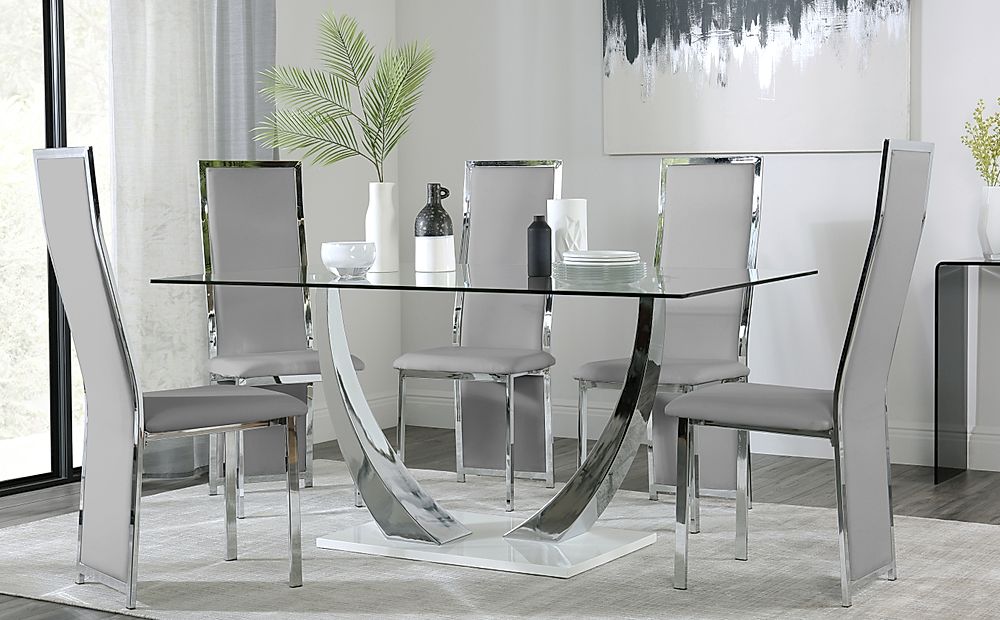 Chrome Dining Table White Gloss Base, Glass And Chrome Dining Room Setup