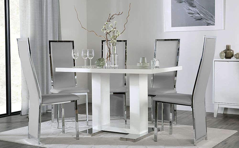 Joule Dining Table & 4 Celeste Chairs, White High Gloss, Light Grey Classic Faux Leather & Chrome, 120cm