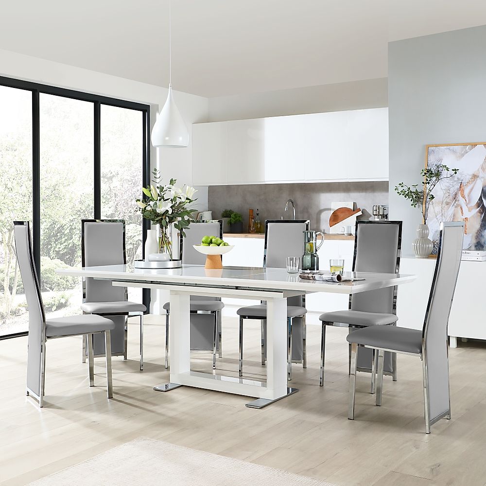 Tokyo Extending Dining Table & 4 Celeste Chairs, White High Gloss, Light Grey Classic Faux Leather & Chrome, 160-220cm