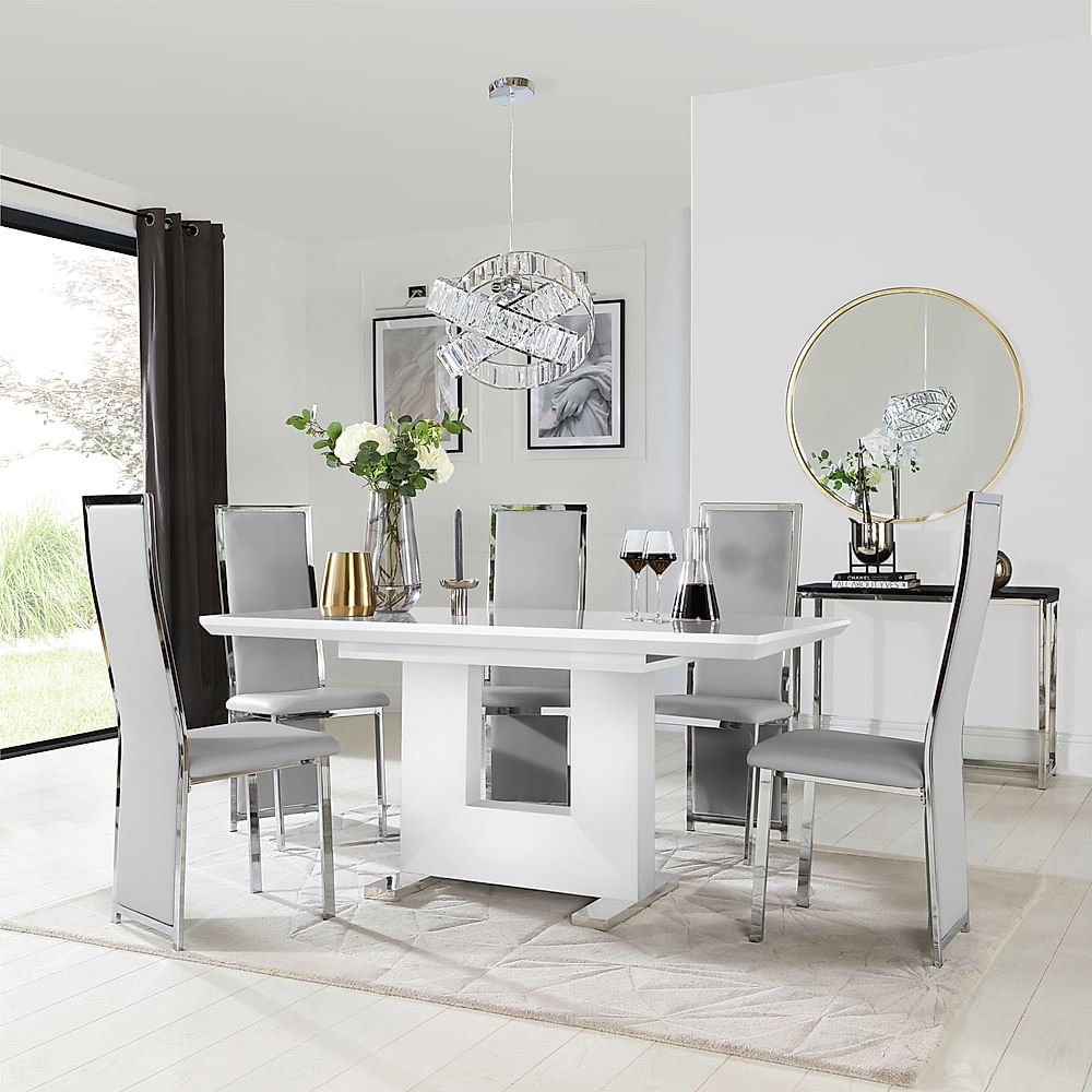 Florence Extending Dining Table & 6 Celeste Chairs, White High Gloss, Light Grey Classic Faux Leather & Chrome, 120-160cm