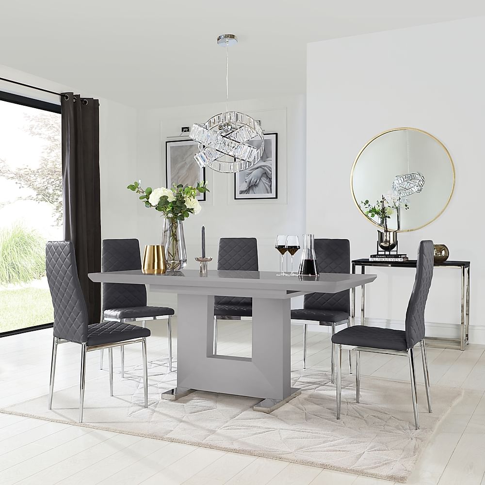 Florence Extending Dining Table & 4 Renzo Chairs, Grey High Gloss, Grey Classic Faux Leather & Chrome, 120-160cm