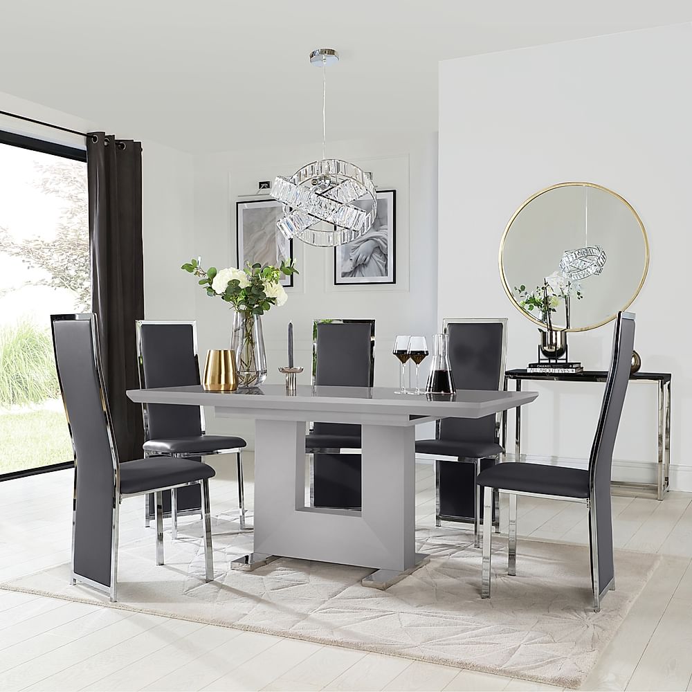 Florence Extending Dining Table & 4 Celeste Chairs, Grey High Gloss, Grey Classic Faux Leather & Chrome, 120-160cm