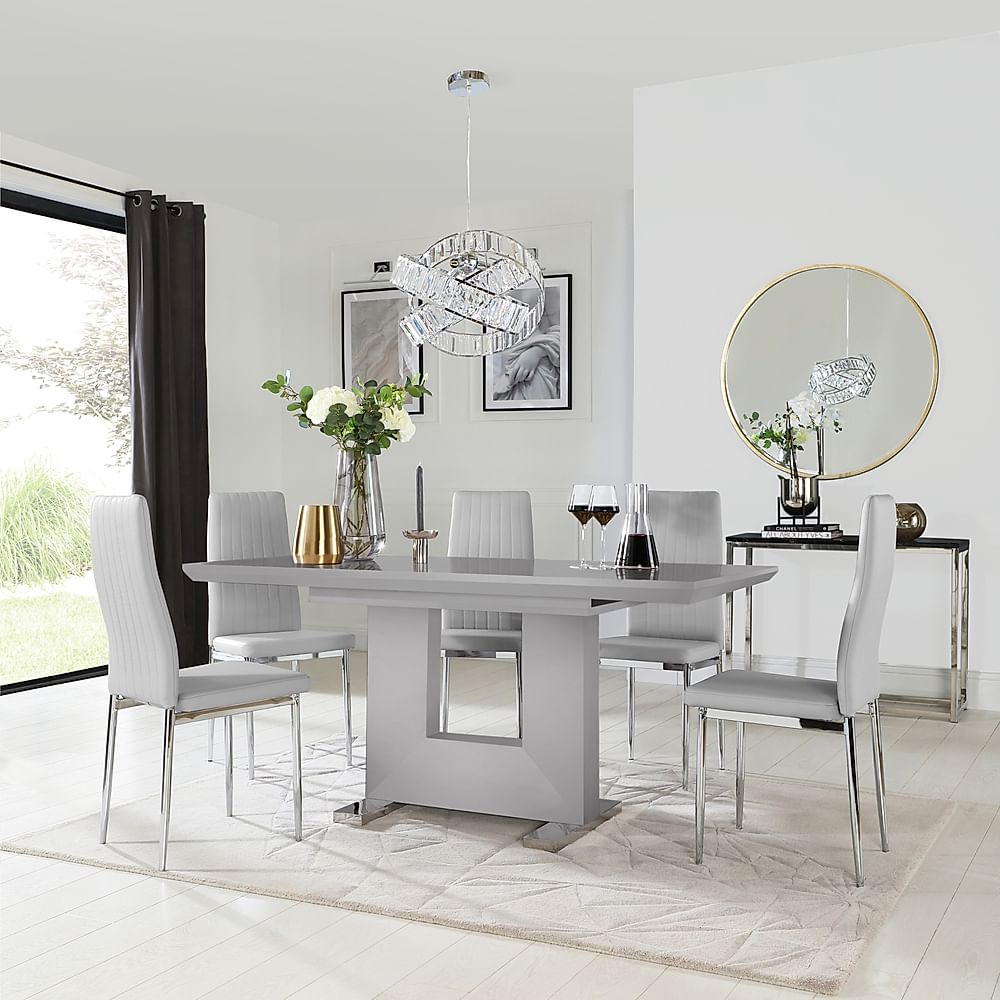Florence Extending Dining Table & 4 Leon Chairs, Grey High Gloss, Light Grey Classic Faux Leather & Chrome, 120-160cm
