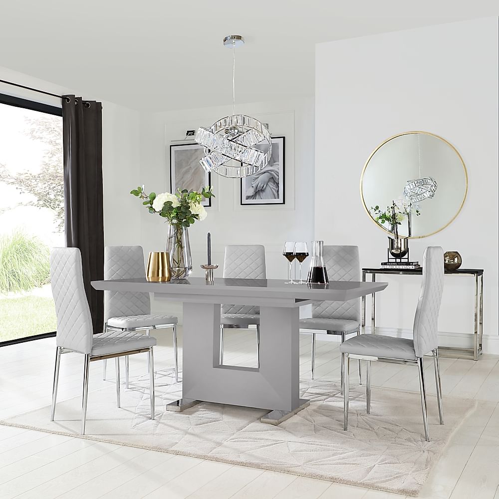 Florence Extending Dining Table & 6 Renzo Chairs, Grey High Gloss, Light Grey Classic Faux Leather & Chrome, 120-160cm