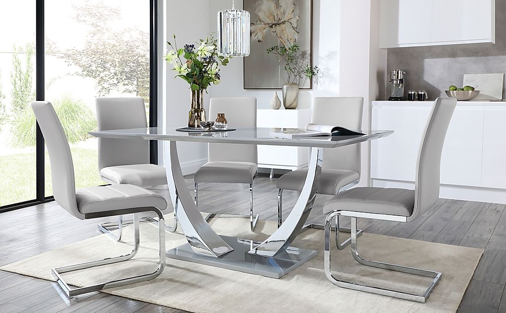 Peake Grey High Gloss And Chrome Dining, Modern Chrome Dining Room Chairs