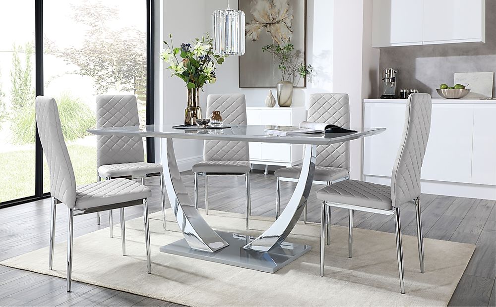 Peake Grey High Gloss and Chrome Dining Table with 6 Renzo ...