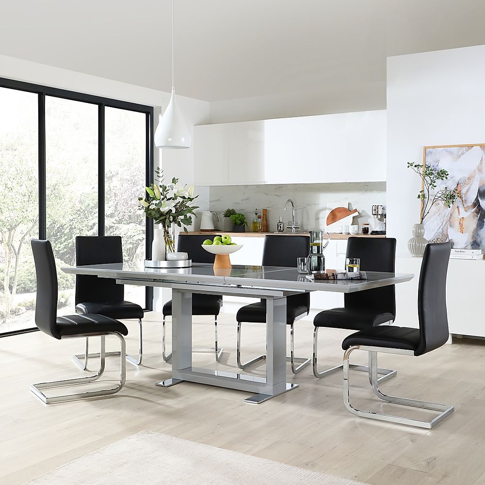 Tokyo Extending Dining Table & 8 Perth Chairs, Grey High Gloss, Black Classic Faux Leather & Chrome, 160-220cm