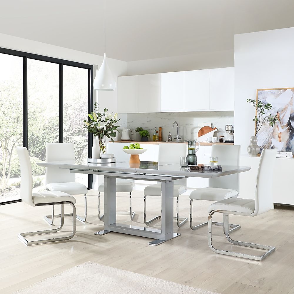 Tokyo Extending Dining Table & 8 Perth Chairs, Grey High Gloss, White Classic Faux Leather & Chrome, 160-220cm