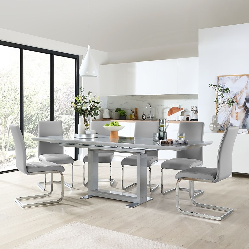 Tokyo Extending Dining Table & 4 Perth Chairs, Grey High Gloss, Light Grey Classic Faux Leather & Chrome, 160-220cm