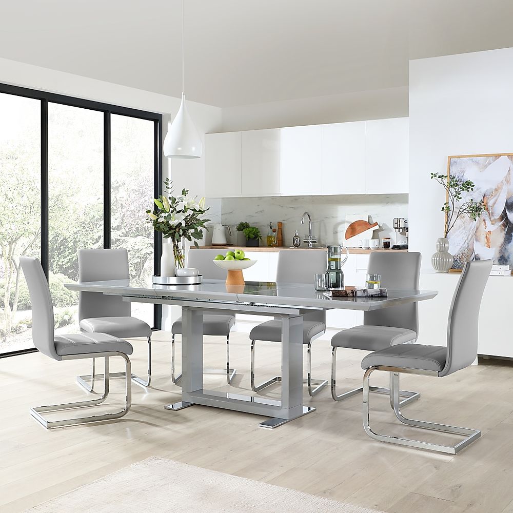 Tokyo Extending Dining Table & 6 Perth Chairs, Grey High Gloss, Light Grey Classic Faux Leather & Chrome, 160-220cm
