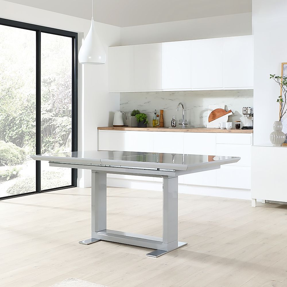 Tokyo Extending Dining Table 8 Perth Chairs Grey High Gloss Grey Classic Velvet Chrome 160 220cm