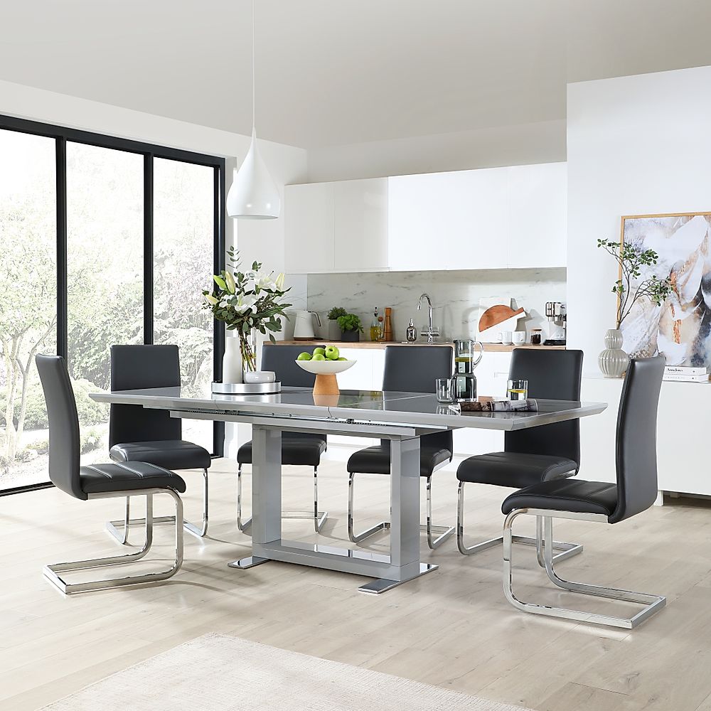 Tokyo Extending Dining Table & 4 Perth Chairs, Grey High Gloss, Grey Classic Faux Leather & Chrome, 160-220cm