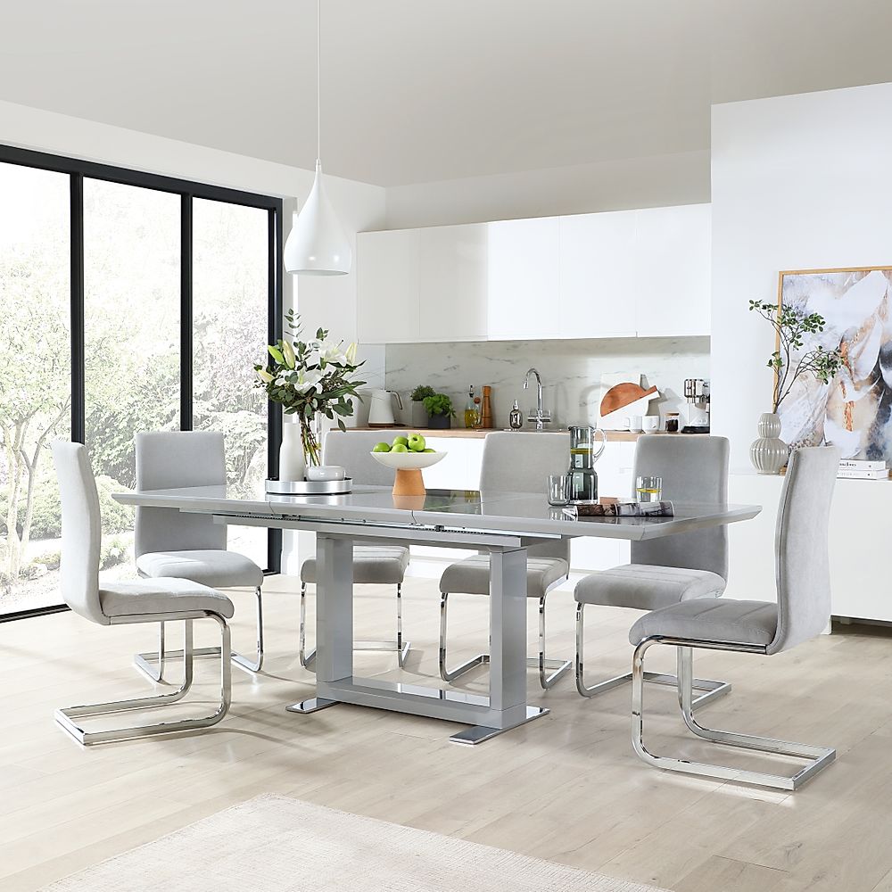 Tokyo Extending Dining Table & 8 Perth Chairs, Grey High Gloss, Dove Grey Classic Plush Fabric & Chrome, 160-220cm