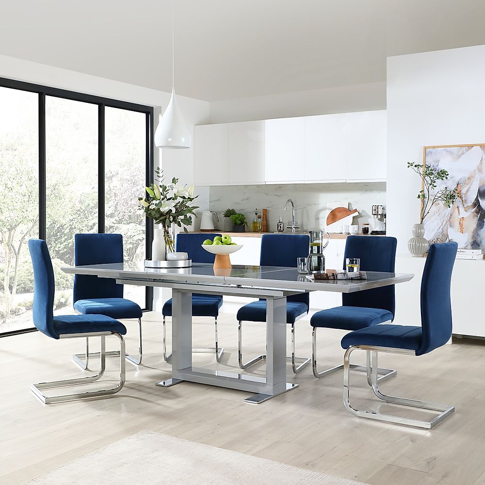 Tokyo Extending Dining Table & 4 Perth Chairs, Grey High Gloss, Blue Classic Velvet & Chrome, 160-220cm