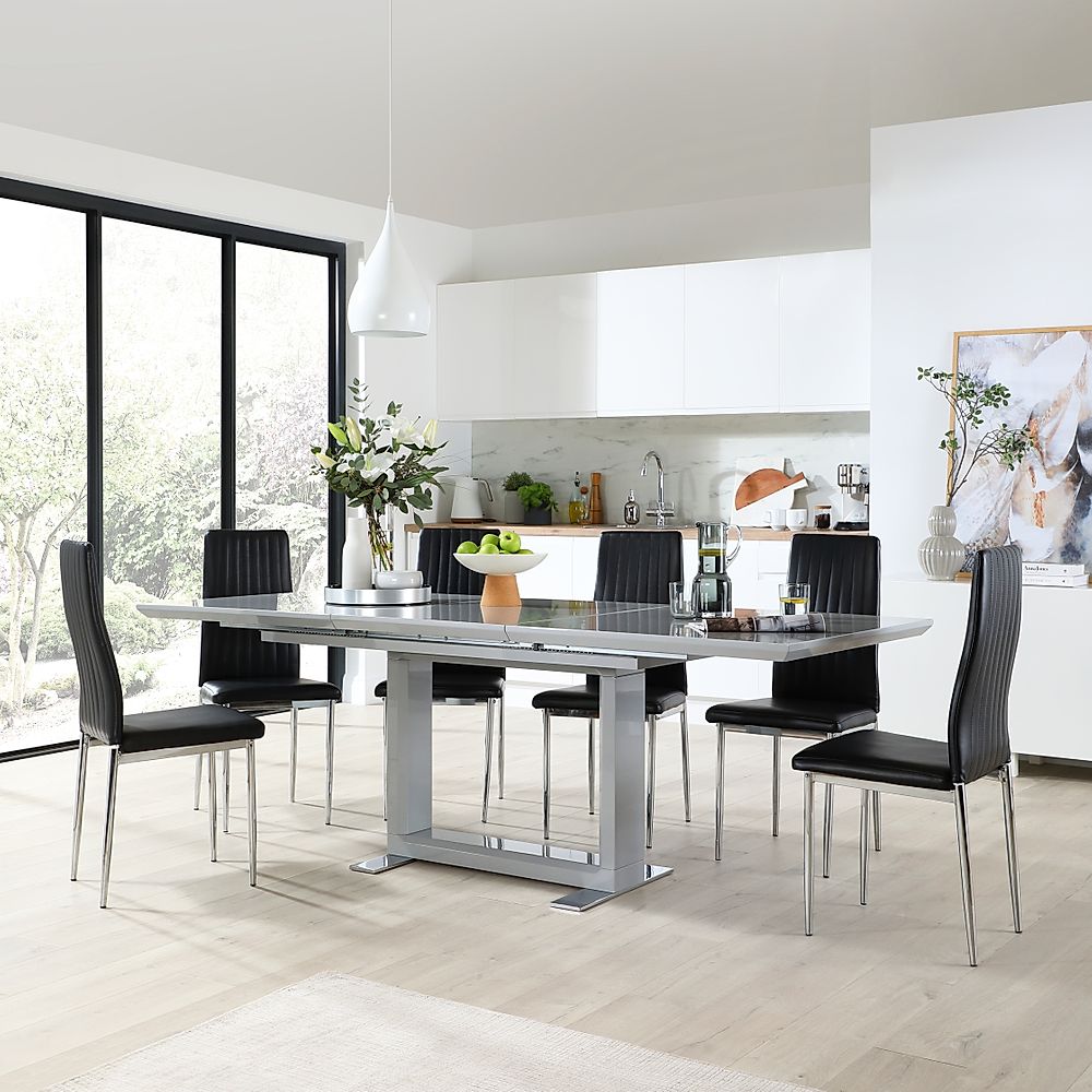 Tokyo Extending Dining Table & 4 Leon Chairs, Grey High Gloss, Black Classic Faux Leather & Chrome, 160-220cm