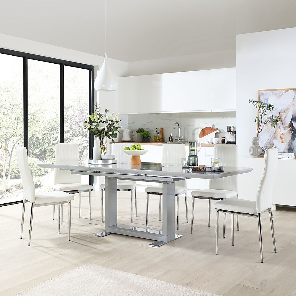 Tokyo Extending Dining Table & 4 Leon Chairs, Grey High Gloss, White Classic Faux Leather & Chrome, 160-220cm