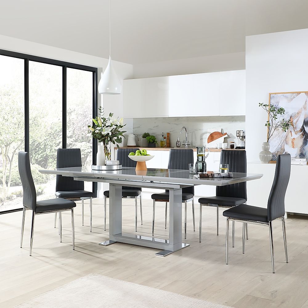 Tokyo Extending Dining Table & 6 Leon Chairs, Grey High Gloss, Grey Classic Faux Leather & Chrome, 160-220cm