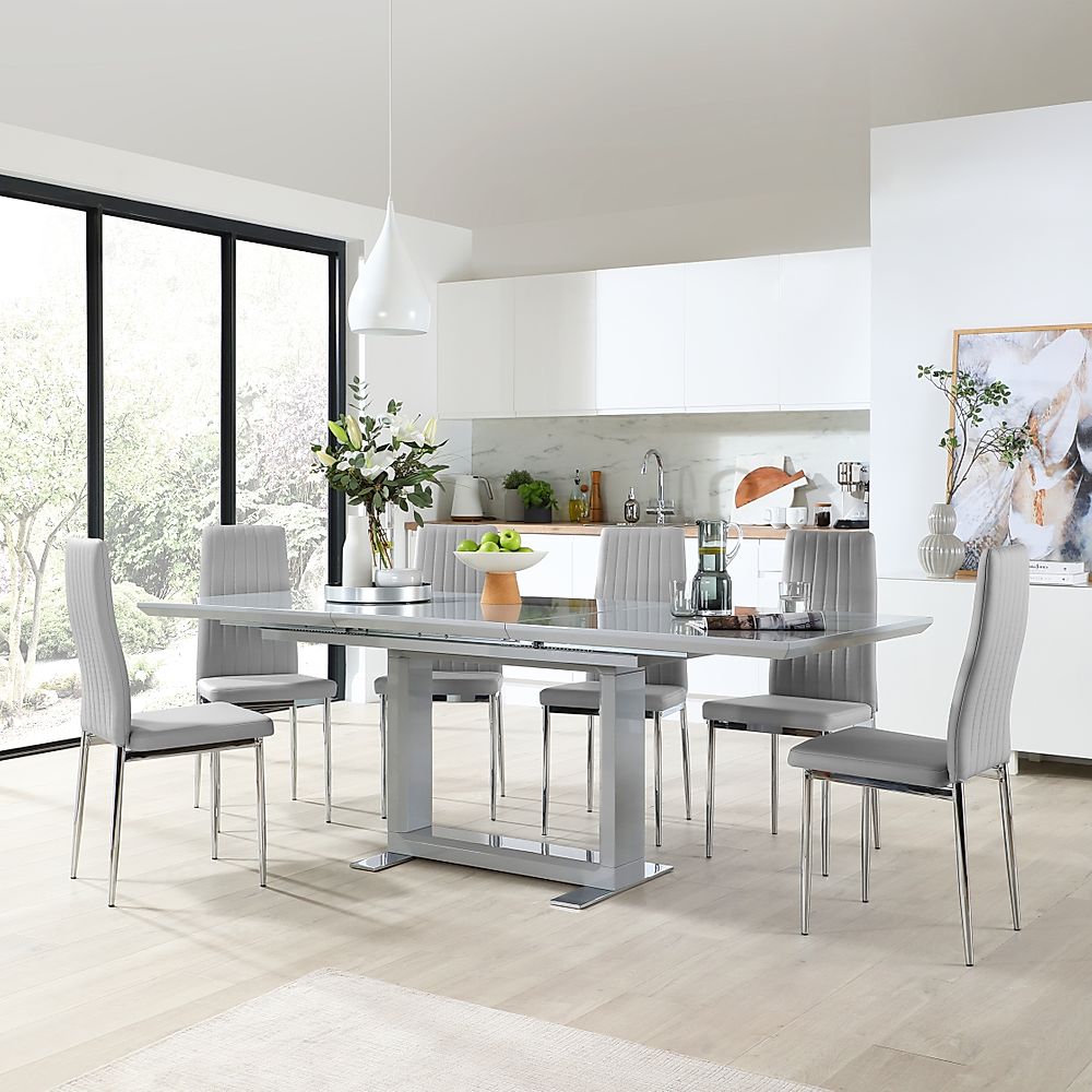 Tokyo Extending Dining Table & 4 Leon Chairs, Grey High Gloss, Light Grey Classic Faux Leather & Chrome, 160-220cm