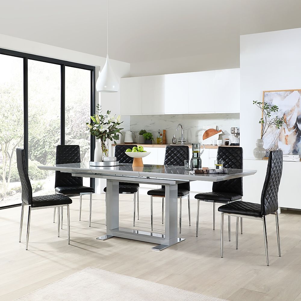 Tokyo Extending Dining Table & 4 Renzo Chairs, Grey High Gloss, Black Classic Faux Leather & Chrome, 160-220cm