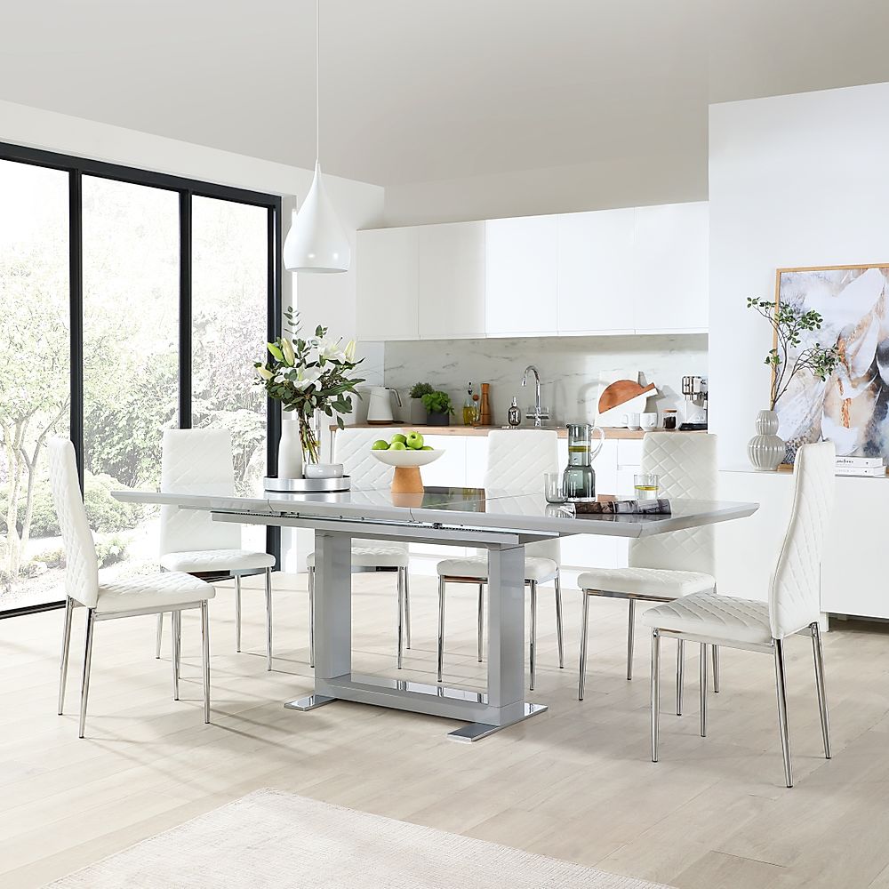 Tokyo Extending Dining Table & 8 Renzo Chairs, Grey High Gloss, White Classic Faux Leather & Chrome, 160-220cm