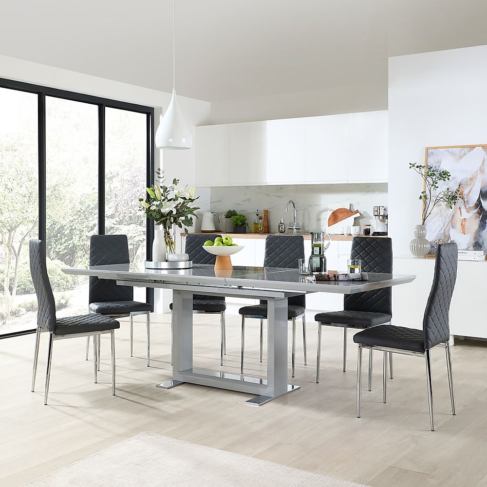Tokyo Extending Dining Table & 6 Renzo Chairs, Grey High Gloss, Grey Classic Faux Leather & Chrome, 160-220cm