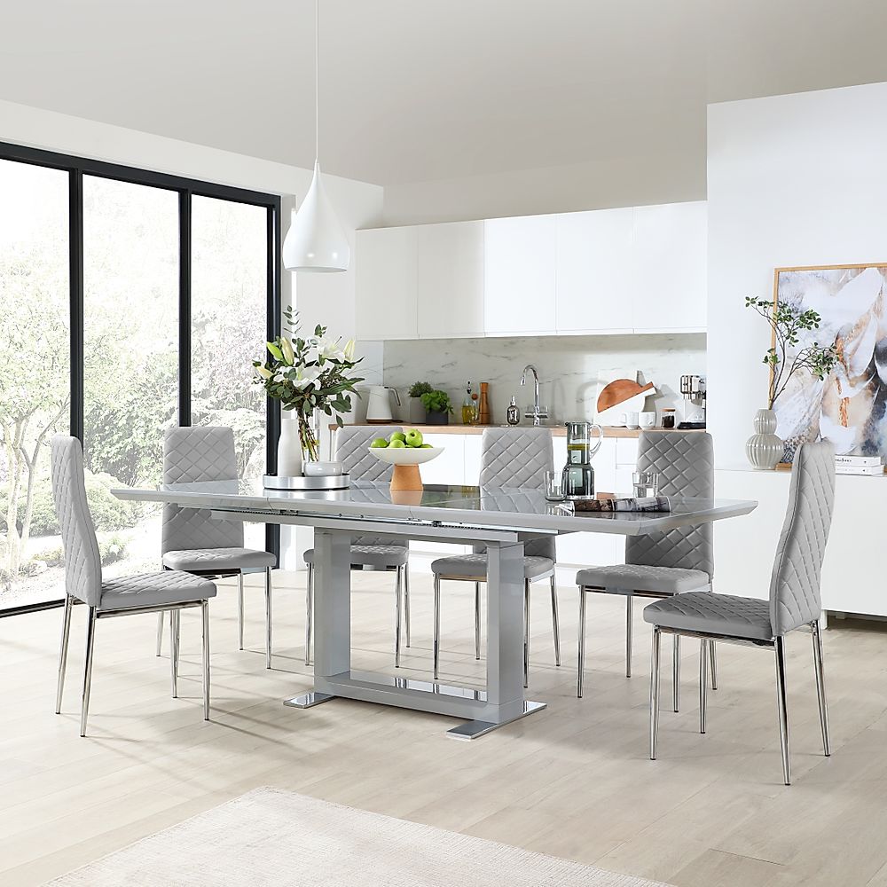 Tokyo Extending Dining Table & 6 Renzo Chairs, Grey High Gloss, Light Grey Classic Faux Leather & Chrome, 160-220cm
