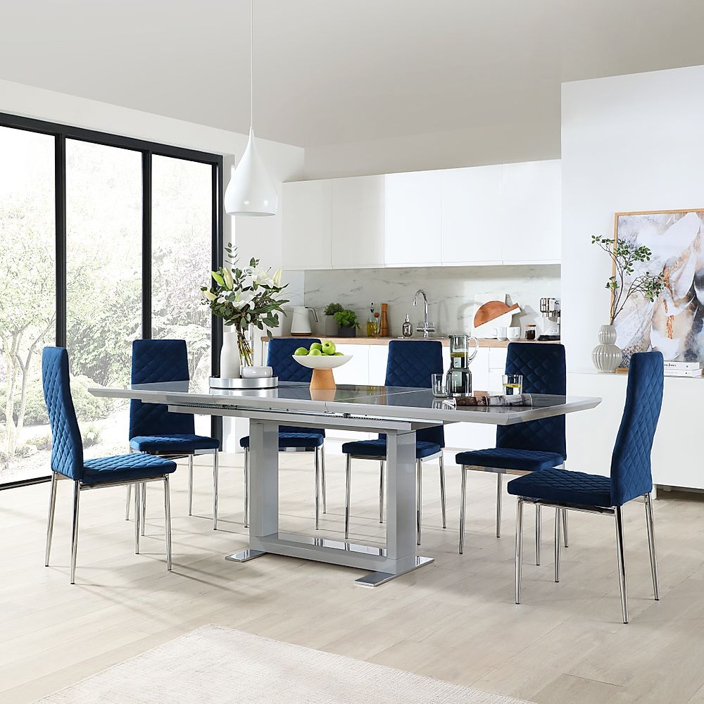 Tokyo Extending Dining Table & 4 Renzo Chairs, Grey High Gloss, Blue Classic Velvet & Chrome, 160-220cm