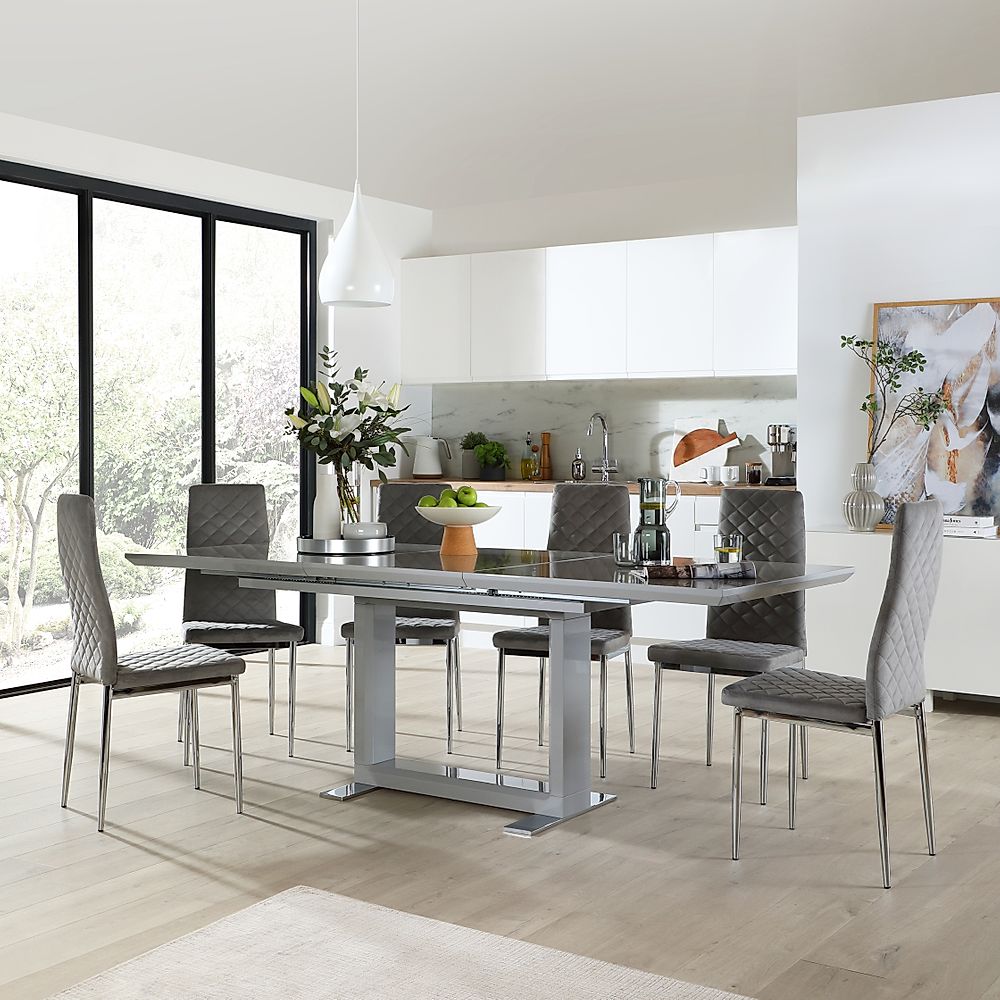 Tokyo Extending Dining Table & 8 Renzo Chairs, Grey High Gloss, Grey Classic Velvet & Chrome, 160-220cm