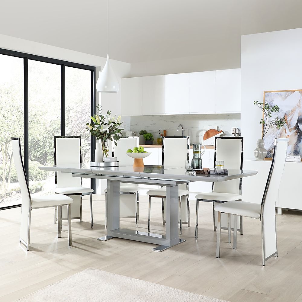 Tokyo Extending Dining Table & 6 Celeste Chairs, Grey High Gloss, White Classic Faux Leather & Chrome, 160-220cm