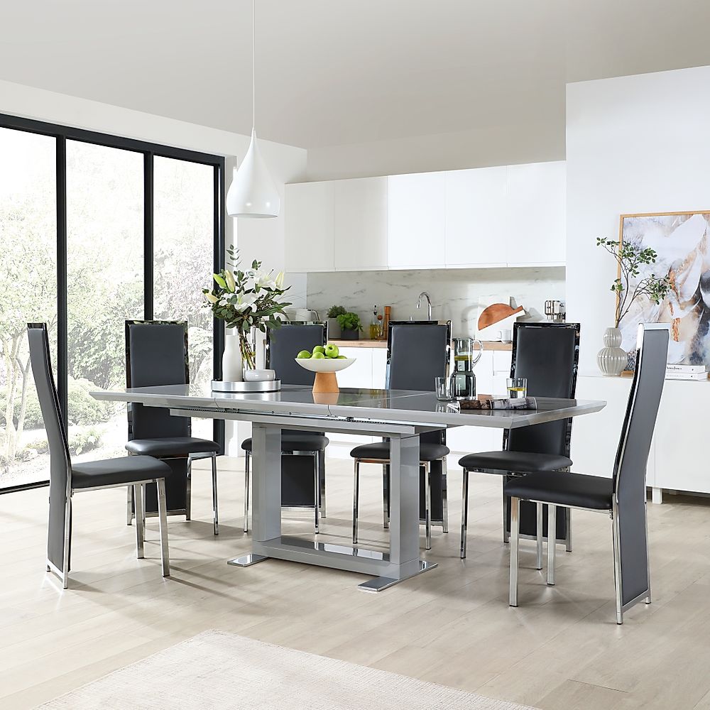 Tokyo Extending Dining Table & 4 Celeste Chairs, Grey High Gloss, Grey Classic Faux Leather & Chrome, 160-220cm