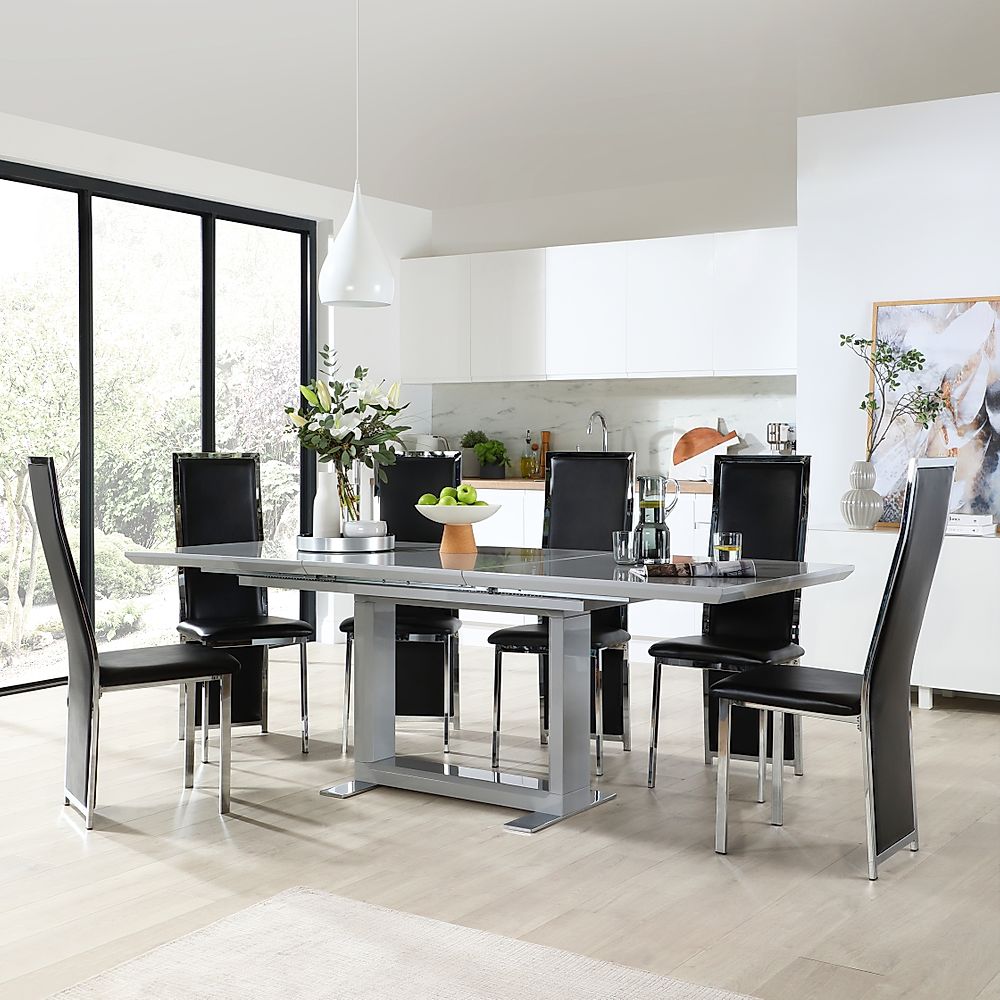 Tokyo Extending Dining Table & 6 Celeste Chairs, Grey High Gloss, Black Classic Faux Leather & Chrome, 160-220cm