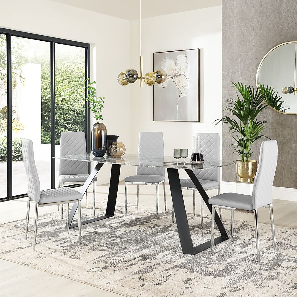 ancona marble dining table with 6 renzo light grey leather