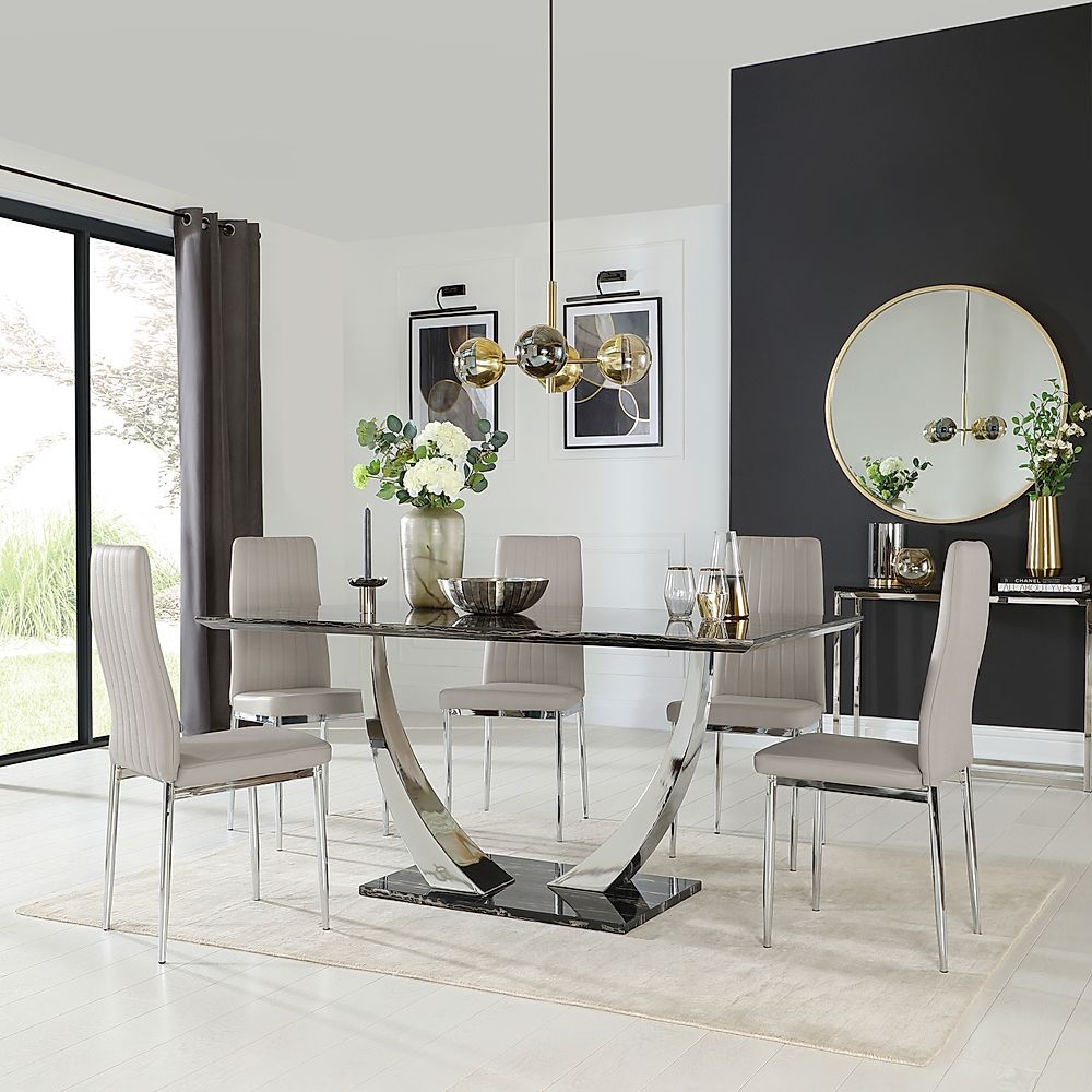Peake Dining Table & 4 Leon Chairs, Black Marble Effect & Chrome, Stone Grey Classic Faux Leather, 160cm