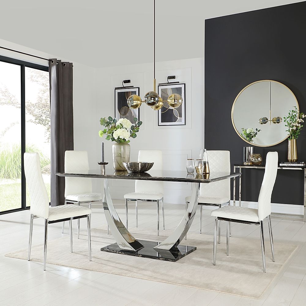 Peake Dining Table & 4 Renzo Chairs, Black Marble Effect & Chrome, White Classic Faux Leather, 160cm