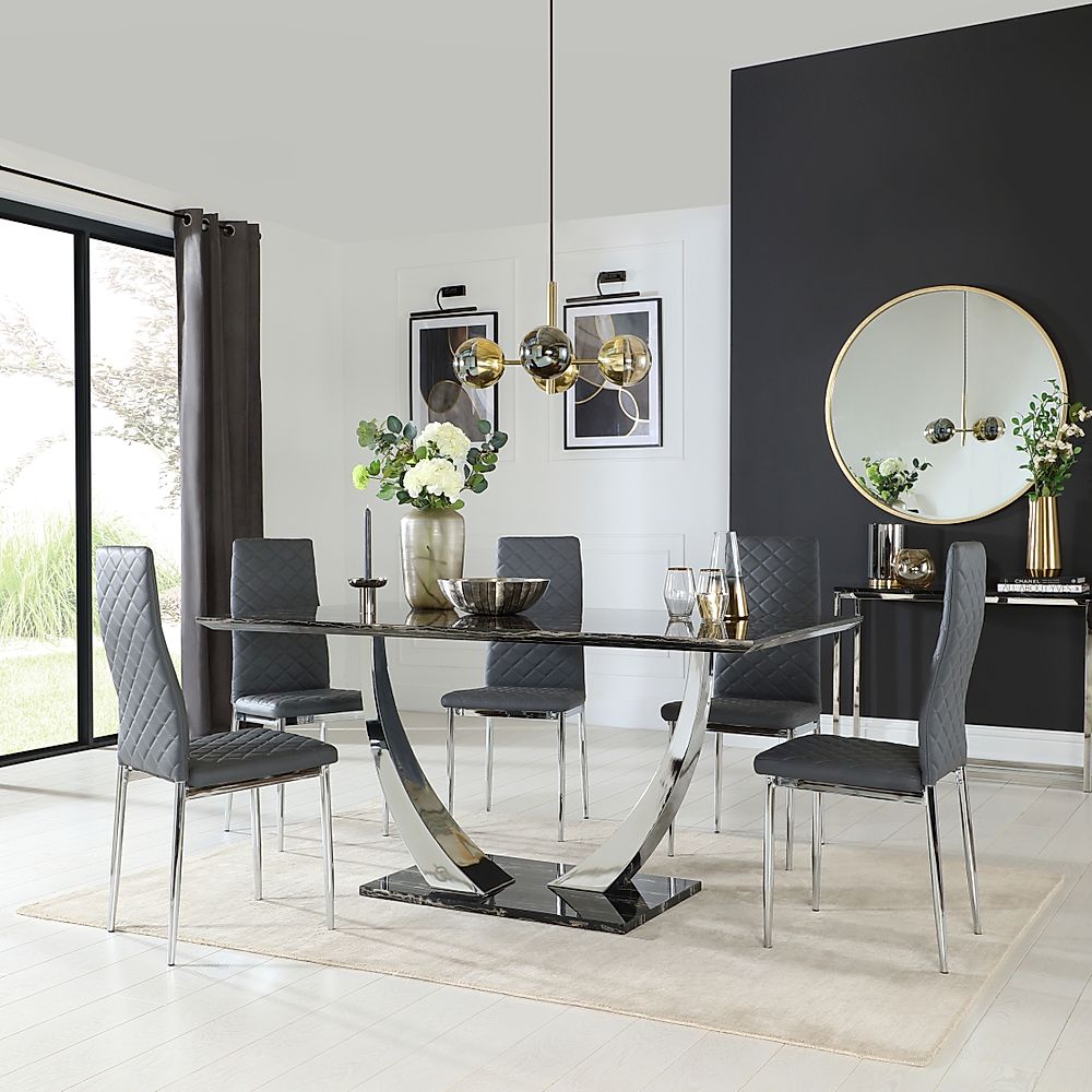 Peake Dining Table & 4 Renzo Chairs, Black Marble Effect & Chrome, Grey Classic Faux Leather, 160cm