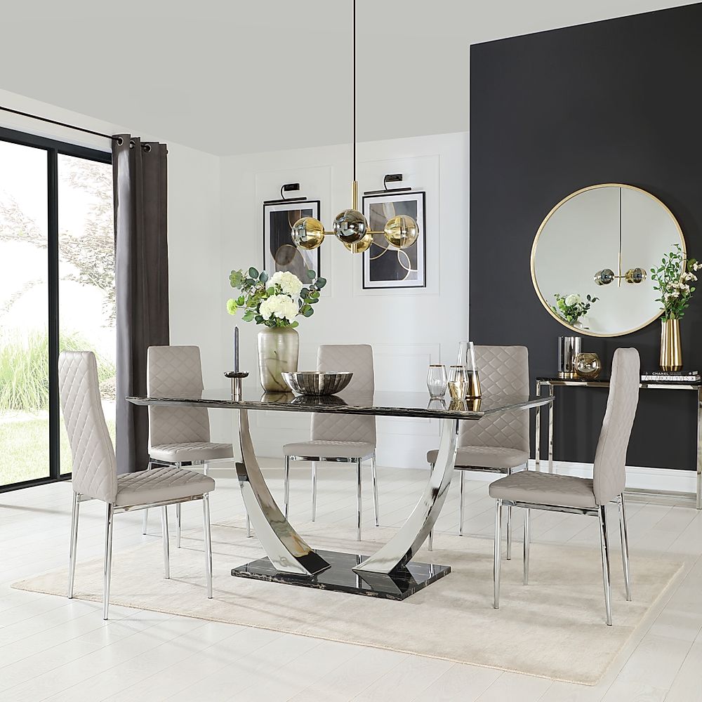 Peake Dining Table & 4 Renzo Chairs, Black Marble Effect & Chrome, Stone Grey Classic Faux Leather, 160cm