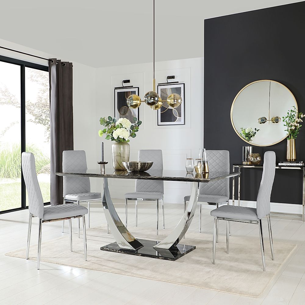 Peake Dining Table & 4 Renzo Chairs, Black Marble Effect & Chrome, Light Grey Classic Faux Leather, 160cm