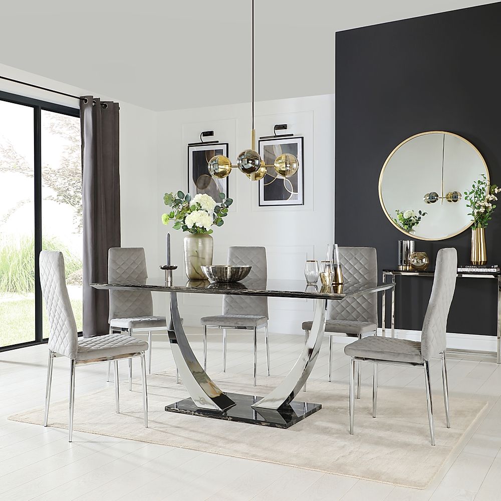 Peake Dining Table & 4 Renzo Chairs, Black Marble Effect & Chrome, Grey Classic Velvet, 160cm