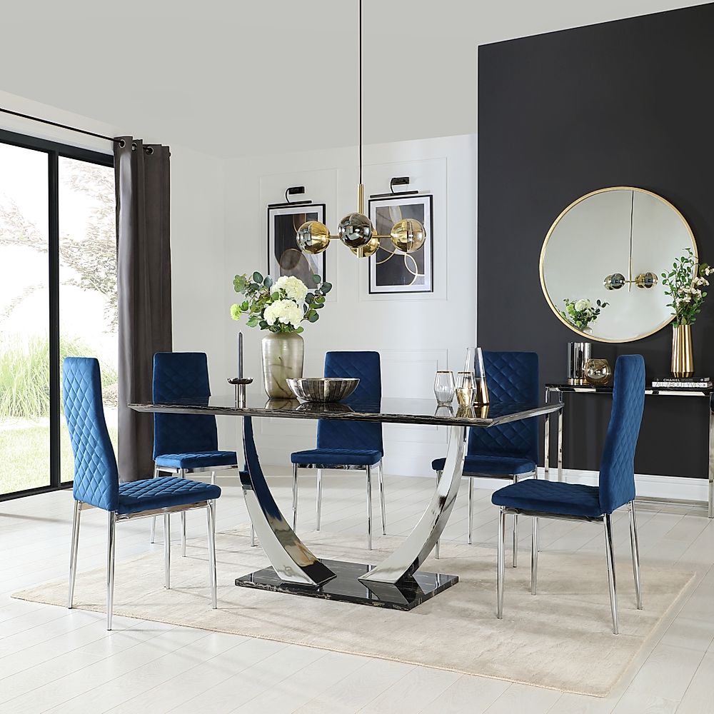 Peake Dining Table & 6 Renzo Chairs, Black Marble Effect & Chrome, Blue Classic Velvet, 160cm