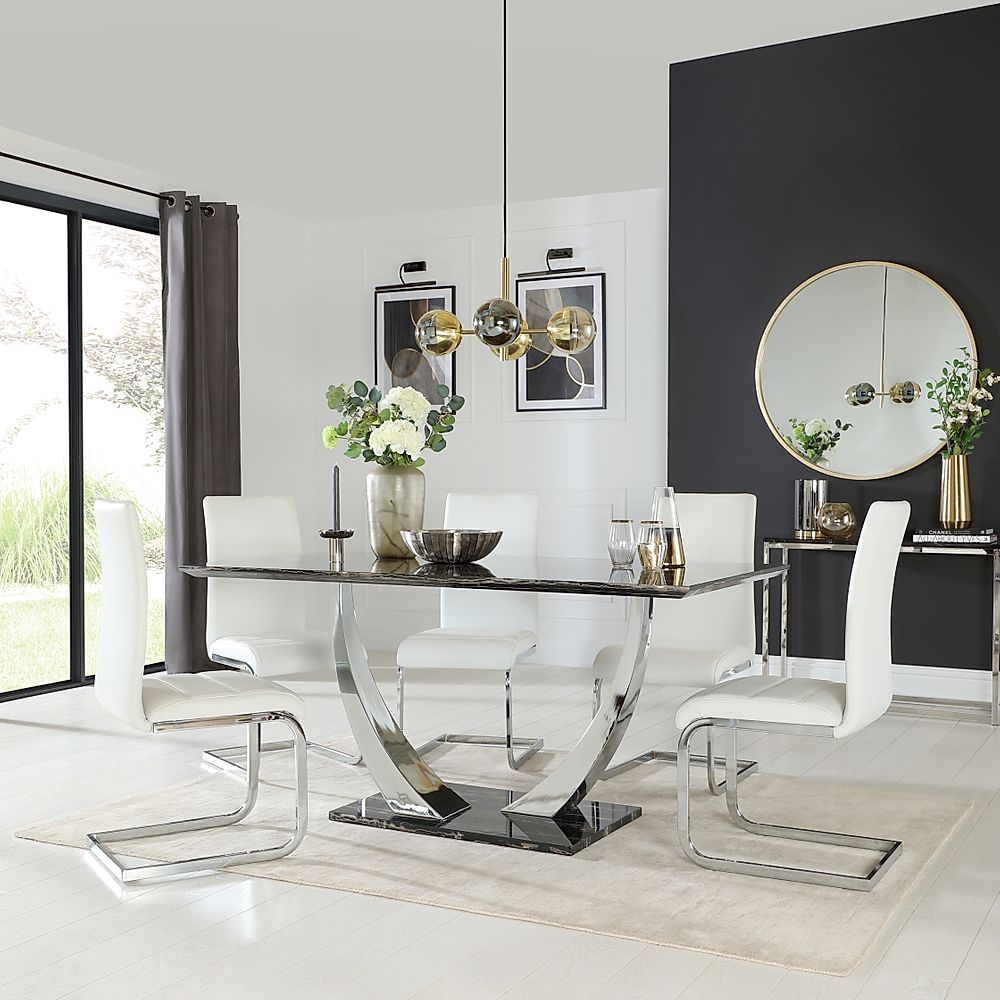 Peake Dining Table & 4 Perth Chairs, Black Marble Effect & Chrome, White Classic Faux Leather, 160cm