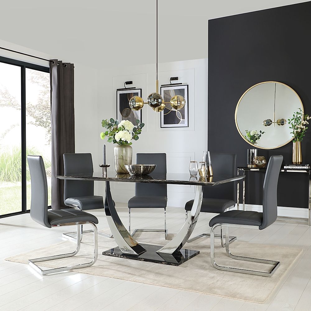 Peake Dining Table & 6 Perth Chairs, Black Marble Effect & Chrome, Grey Classic Faux Leather, 160cm