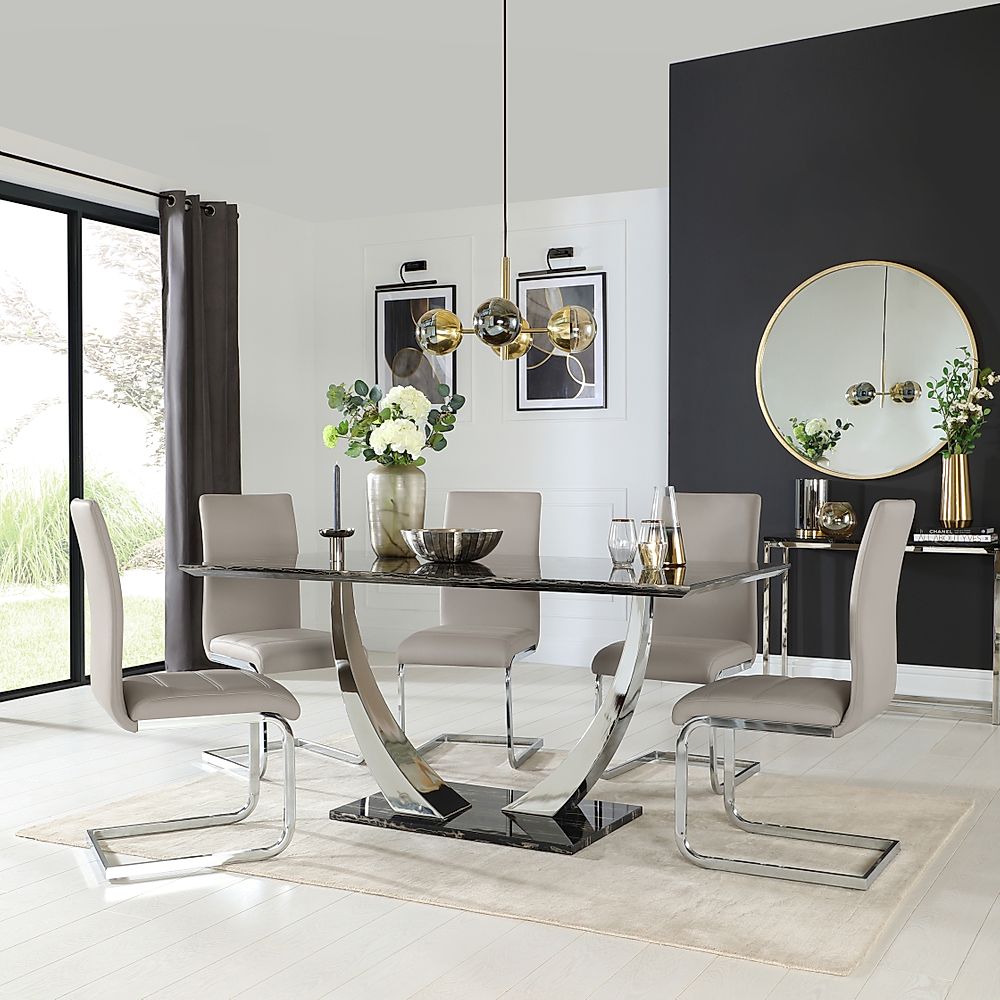 Peake Dining Table & 4 Perth Chairs, Black Marble Effect & Chrome, Stone Grey Classic Faux Leather, 160cm