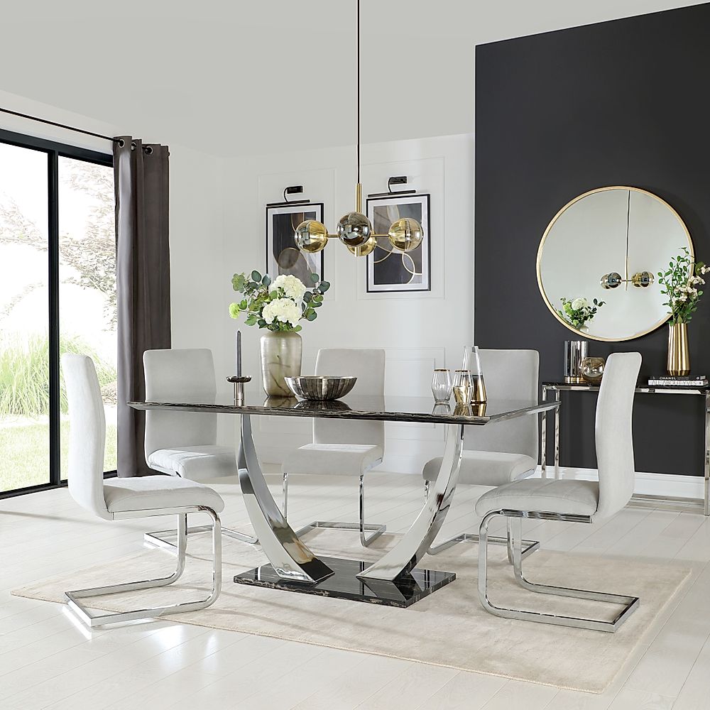 Peake Dining Table & 6 Perth Chairs, Black Marble Effect & Chrome, Dove Grey Classic Plush Fabric, 160cm