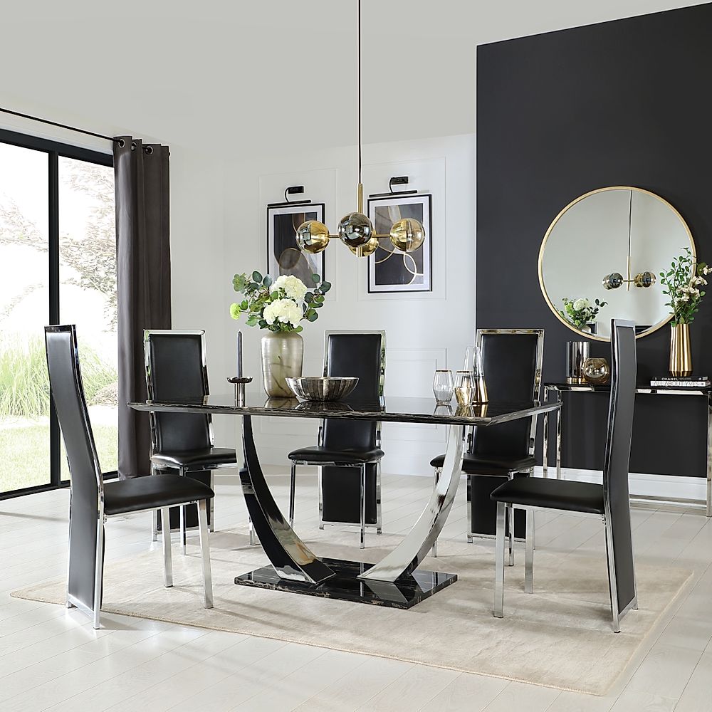 Peake Dining Table & 6 Celeste Chairs, Black Marble Effect & Chrome, Black Classic Faux Leather, 160cm