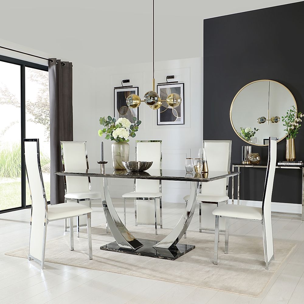 Peake Dining Table & 4 Celeste Chairs, Black Marble Effect & Chrome, White Classic Faux Leather, 160cm