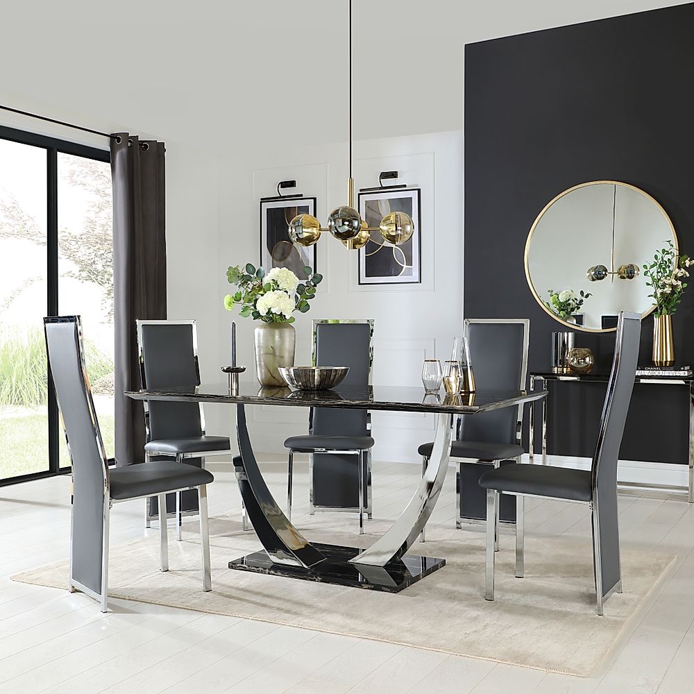 Peake Dining Table & 4 Celeste Chairs, Black Marble Effect & Chrome, Grey Classic Faux Leather, 160cm