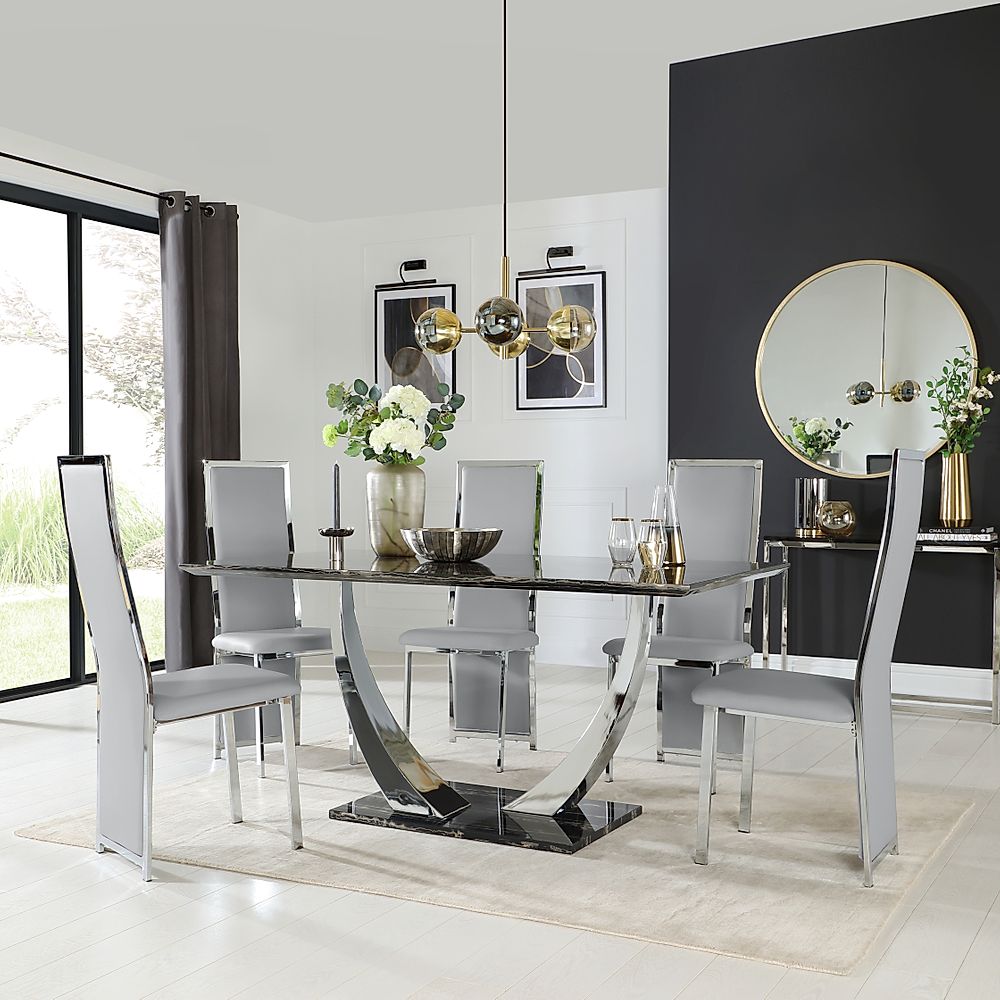 Peake Dining Table & 6 Celeste Chairs, Black Marble Effect & Chrome, Light Grey Classic Faux Leather, 160cm