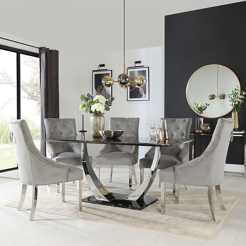 Peake Dining Table & 4 Imperial Chairs, Black Marble Effect & Chrome, Grey Classic Velvet, 160cm