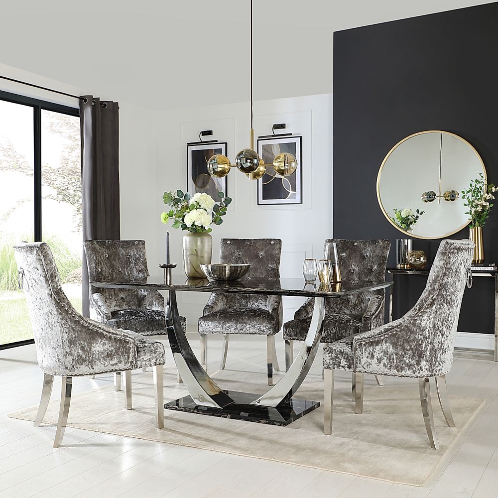 Peake Dining Table & 4 Imperial Chairs, Black Marble Effect & Chrome, Silver Crushed Velvet, 160cm